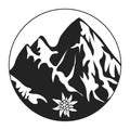 Icon Of The Alps. Snow-capped mountains in a circle with an Edelweiss flower. Vector illustration isolated on a white background