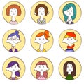Icon of angry facial expressions of nine young women surrounded by a circle 1