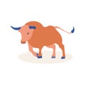 Icon of an angry, red-haired bull with blue horns and hooves on a white background. Isolated. Vector Royalty Free Stock Photo