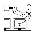 Icon of an automated robotic arm assembly line focused on LCD screen production