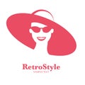 Icon or avatar of smiling woman with hat and sunglasses retro style, isolated on white background