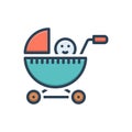 Color illustration icon for Baby Stroller, pram and baby