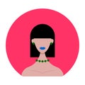 Icon of a black-haired woman with a short haircut with emerald jewelry on a blue oval background. Royalty Free Stock Photo