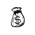 Icon black Hand drawn Simple outline money bag symbol. vector Illustrator. on white background Royalty Free Stock Photo