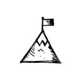 Icon black Hand drawn Simple outline Mountain peak flag Symbol. vector Illustrator. on white background Royalty Free Stock Photo