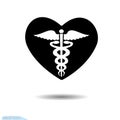 Icon black heart. The caduceus. Design elements for Valentine s Day. Medical symbol. Vector emblem.