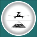 Icon black landing plane on white plate blue grey background.