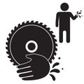 Icon black silhouette circular circle saw and hand injury on a white isolated background. Vector image