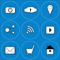 Icon in blue background with camera, social, location, wifi