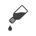 Icon of a bottle with a leaking liquid. Simple line art of a small bottle with a falling drop. Vector over white