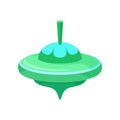 Flat vector icon of turquoise humming top. Plastic whirligig. Children toy. Spinning top. Kids development game
