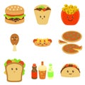 icon bundle of cute flat design fast food burrito burger burrito france fries fried chicken hot dog pizza sandwich taco soft drink