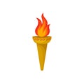 Flat vector icon of burning torch. Hot red-orange flame. Bright blazing fire. Cartoon style illustration of golden Royalty Free Stock Photo