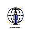 Icon of businessman on a background of globe for international businessperson concept. Flat filled outline style. Pixel perfect