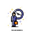 Icon of businessman with briefcase on a background of clock for 24 hours 7 days week customer service and assistance concept