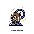 Icon of businesswoman on a background of clock for work time management concept. Flat filled outline style. Pixel perfect 64x64 Royalty Free Stock Photo