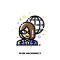 Icon of businesswoman on a background of globe for international businessperson concept. Flat filled outline style. Pixel perfect