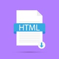 Icon, button, download HTML file, Document upload concept, File with HTML sign and a sign with an arrow to the bottom. Vector