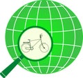 Icon with bycicle in magnifier on planet