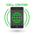 Icon call center. Logo, green globe, mobile phone, sound waves