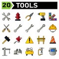 Tools construction icon set include wrench, tools, spanner, contraction, equipment, hydrant, water, fire hydrant, fire, pliers,