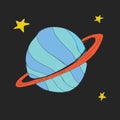 Icon of cartoon planet, saturn, gas giant and stars for children. Adventure travel exploration around universe. Royalty Free Stock Photo