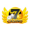 Icon casino with golden wings, dice, coins, and luck number seven