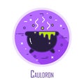 Icon with cauldron in a coloured circle. Thin line flat design. Vector Halloween card
