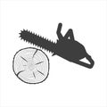 icon of a chainsaw sawing a log. Image on white background