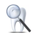 Icon check teeth at dentist. Cracked caries tooth under magnifying glass.