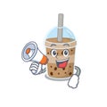 An icon of chocolate bubble tea holding a megaphone Royalty Free Stock Photo