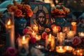 Icon of Christ amidst the light of candles and the beauty of flowers worshippers