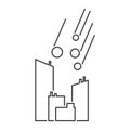 Icon of a city with meteorites flying at it. A simple line drawing of meteors hitting a populated area. Isolated vector