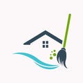 An Icon Clean Home Service Logo - A Broom Sweeping with Freshness Waves and Bubbles, Representing House Cleaning and