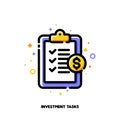 Icon of clipboard with checklist and checkmarks for capital investment tasks concept. Flat filled outline style. Pixel perfect