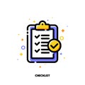 Icon of clipboard with checkmarks on paper sheet for checklist concept. Flat filled outline style. Pixel perfect 64x64