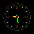 Icon clock in flat style. Neon analog watch. Symbol of time management, chronometer with hour, minute and second arrow