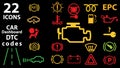 22 icon collection of car dashboard panel indicators, yellow red green indicators. DTC codes. Check engine warning.