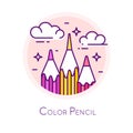 Icon with color pencils and clouds in a coloured circle. Thin line flat design. Vector