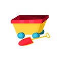 Icon of colorful wagon on wheels and little shovel. Toy for children s games. Graphic design for kids web store. Cartoon