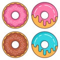 Donuts strawberry and chocolate glaze. Pastries dessert. Flat line art vector.