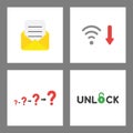 Icon concept set. Envelope with written paper, wifi low signal, question marks growing and unlock word with opened padlock Royalty Free Stock Photo