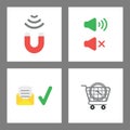 Icon concept set. Magnet attracting, sound on and off, envelope with written paper and check mark, clock inside shopping cart Royalty Free Stock Photo