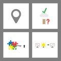 Icon concept set. Map pointer, reach check mark on cloud, puzzle key, sales chart down, idea and up