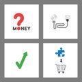 Icon concept set. Money word with question mark, puzzle light bulb with cable, outlet and plug, check mark arrow up, puzzle piece Royalty Free Stock Photo
