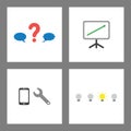 Icon concept set. Question mark between speech and thought bubble, sales chart up, repair smartphone and light bulbs, one of them
