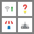 Icon concept set. Wifi signal up, question mark light bulb, shopping bag under store awning, written papers on winners podium Royalty Free Stock Photo