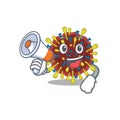 An icon of corona virus molecule holding a megaphone