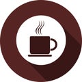 Icon of a cup of coffee. White flat image on a white circle with Royalty Free Stock Photo