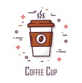 Icon with cup off coffee on white background. Thin line flat design. Vector banner Royalty Free Stock Photo
